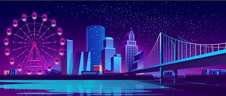 未来科技科幻霓虹灯渐变绚丽城市建筑夜景灯光插画AI/PSD设计素材100套【056】